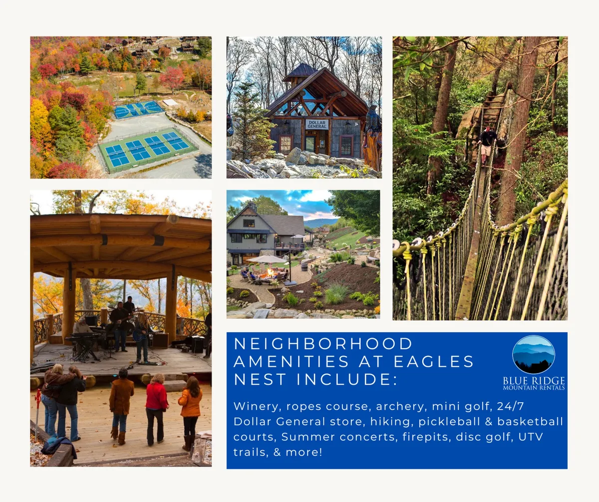 This vibrant exterior image captures the heart of Eagles Nest’s Great Camp amenity area, featuring a ropes course, mini golf, archery range, winery, concert stage, and hiking trails. The scene radiates activity and excitement, with families and groups enjoying varied outdoor pursuits amidst lush greenery and mountain backdrops.